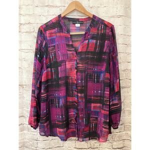 Fred & David Shirt Womens 1X Pink Purple Button Front Check V Neck Plus Flowy